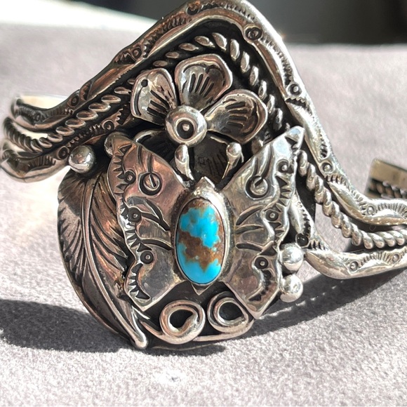 Ca’win Jewelry - SOLD Jimmy F. Calabaza Signed Turquoise Sterling Silver Butterfly Kewa Bracelet
